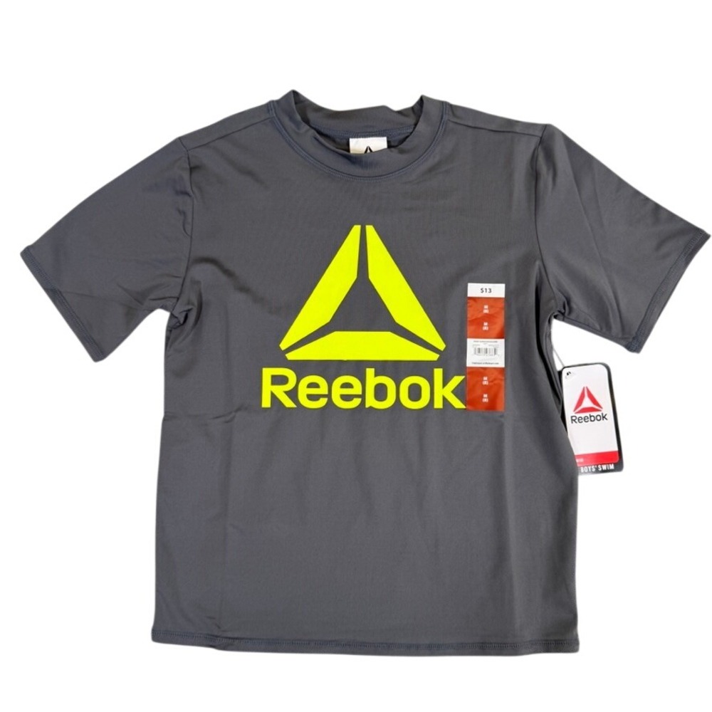 NWT Reebok Boys Grey Neon Yellow Logo Short Sleeve Rash Guard Swim Shirt M 8